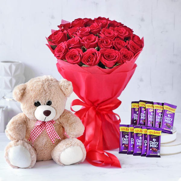 Red Roses Chocolate With Teddy Bear